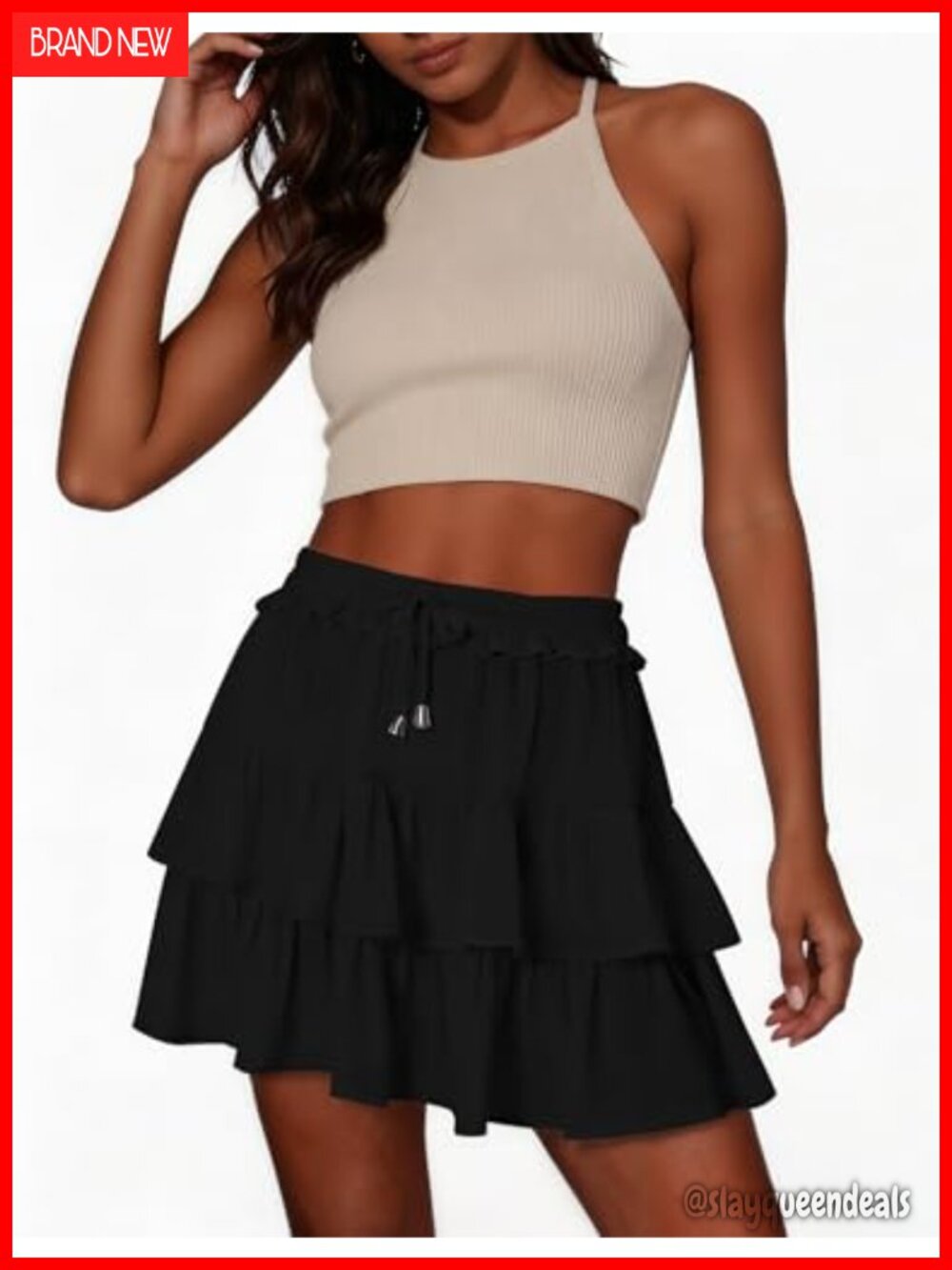Flowy Ruffle Tiered High-Waist Skort with Drawstring for Tennis Golf - Picture 4 of 5